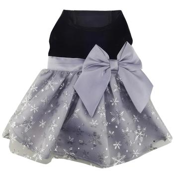 Holiday Dog Harness Dress - Black Velvet with Gray Snowflake