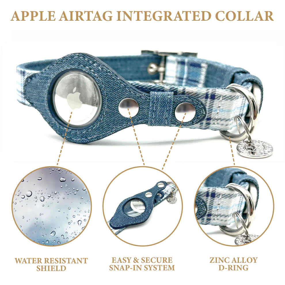 Airtag Collar - Blue Plaid & Denim